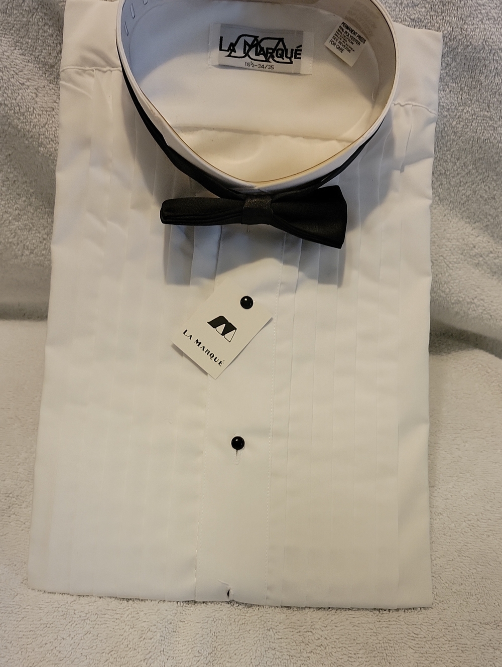 La Marque White Pleated Tuxedo Shirt with Black Bow Tie 16 1/2